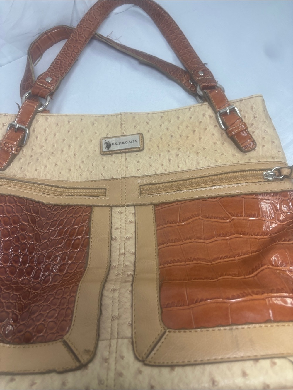 U.S. Polo Assn. Two-Tone Tan & Brown Croc-Embossed Tote